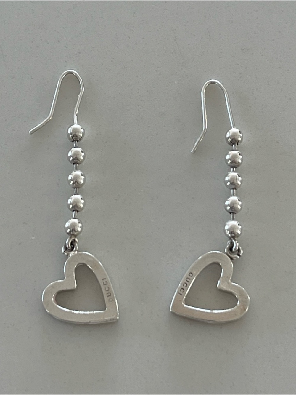 Gucci Sterling Silver Heart Ball Chain Dangle Earrings Made in Italy with Pouch